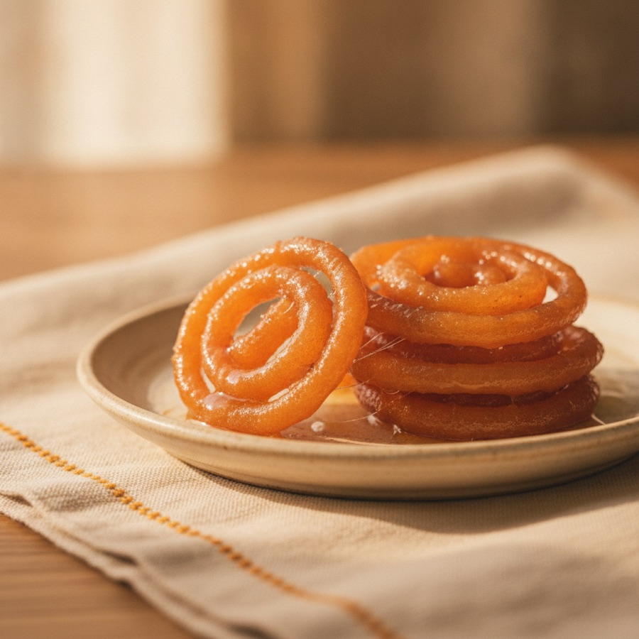 Crisp golden jalebi spirals glistening with syrup on a plate